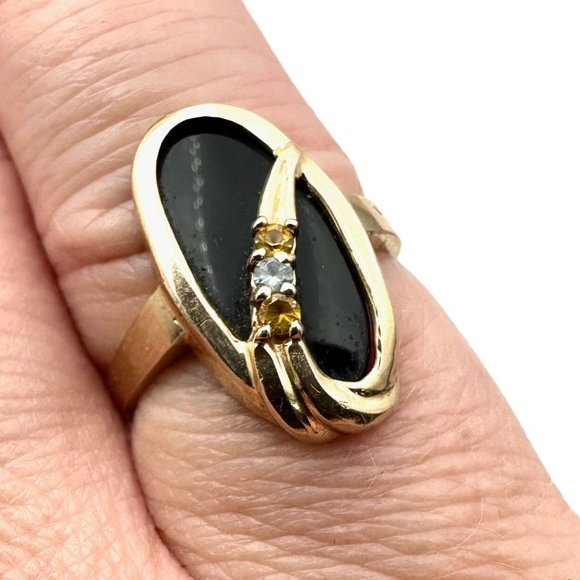 Vintage 10K Gold Womens Ring Yellow Blue Topaz Black Onyx...